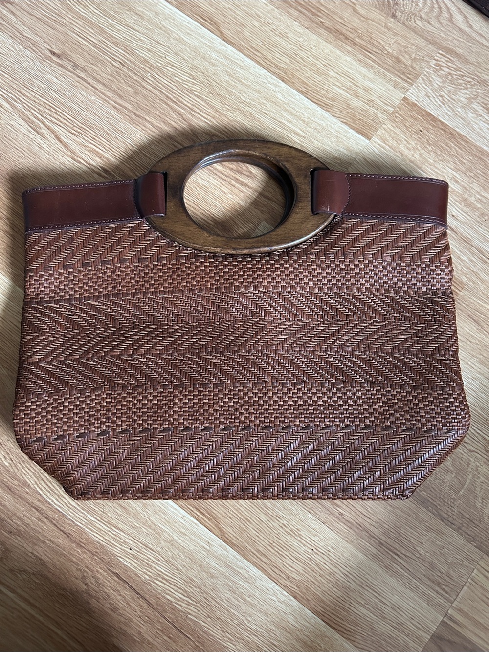 Fossil Brown Woven Tote with Wooden Circle Handles